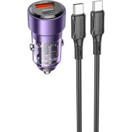 Автомобільний зарядний пристрій BOROFONE BZ20 Smart 1xUSB-A, 1xUSB-C, PD20W, QC3.0, 38W Transparent Purple w/Type-C to Type-C cable