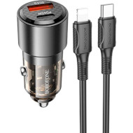 Автомобільний зарядний пристрій BOROFONE BZ20A Smart 1xUSB-A, 1xUSB-C, PD65W, QC3.0, 83W Black w/Type-C to Lightning cable