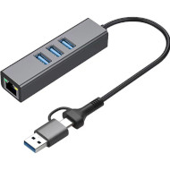 Мережевий адаптер з USB-хабом DYNAMODE 4-in1 USB-C/USB-A to 3xUSB3.0, LAN