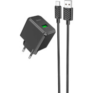 Зарядное устройство HOCO CS12A Ocean 1xUSB-A, QC3.0 18W Black w/Type-C cable (6942007603706)