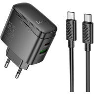 Зарядний пристрій HOCO CS63A Bright GaN 1xUSB-A, 1xUSB-C, PD65W, QC3.0 Black w/Type-C cable (6942007638487)