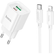 Зарядний пристрій HOCO C147A Charm 1xUSB-A, 1xUSB-C, PD30W, QC3.0 White w/Type-C to Lightning cable (6942007630283)