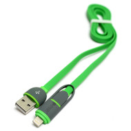 Кабель POWERPLANT USB2.0 AM/Apple Lightning/Micro-BM Flat Green 1м (KD00AS1291)