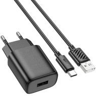 Зарядний пристрій HOCO C134A Solid 1xUSB-A, 12W Black w/Type-C cable (6942007621359)