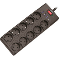 Сетевой фильтр 2E 2E-SP10M3USBBK Black, 10 розеток, 1xUSB-C, 3xUSB, 3м