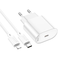 Зарядний пристрій HOCO C109A Fighter 1xUSB-C, PD20W White w/Type-C to Lightning cable (6942007656726)