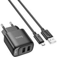 Зарядний пристрій HOCO C141A Smart 2xUSB-A,10.5W Black w/Micro-USB cable (6942007627887)