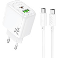 Зарядний пристрій HOCO CS54A Surplus 1xUSB-A, 1xUSB-C, PD20W, QC3.0 White w/Type-C cable (6942007631532)