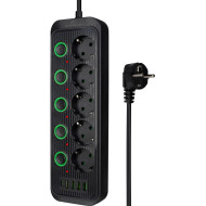 Сетевой фильтр XOKO SP-5-2-1 Black, 5 розеток, 1xUSB-C, 4xUSB, 2м