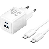 Зарядное устройство VENTION 1xUSB-C, 1xUSB-A GaN Wall Charger 30W White w/Type-C cable (TZ-FEQW0-EU-01)
