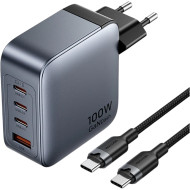 Зарядное устройство VENTION 3xUSB-C, 1xUSB-A GaN Charger 100W Gray w/Type-C cable (TZ-FETH0-EU)