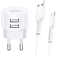 Зарядний пристрій USAMS US-CC080 T20 Dual USB Round Travel Charger White w/Type-C cable (XTXLOGT18TC05)
