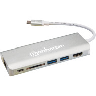 Порт-репликатор MANHATTAN USB3.1 Type-C -> HDMI/USB 3.0x2/RJ45/SD/PD 60W Hub 7-in-1 Silver (152075)