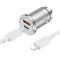 Автомобільний зарядний пристрій HOCO NZ10 Handy 1xUSB-C, 1xUSB-A, PD45W, QC3.0 Silver w/Type-C to Lightning cable (6942007601832)