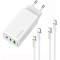 Зарядное устройство COLORWAY GaN Mini 65W 1xUSB-A, 2xUSB-C Fast Charging White w/Lightning+Type-C cable (CW-CHS058PDCL-WT)