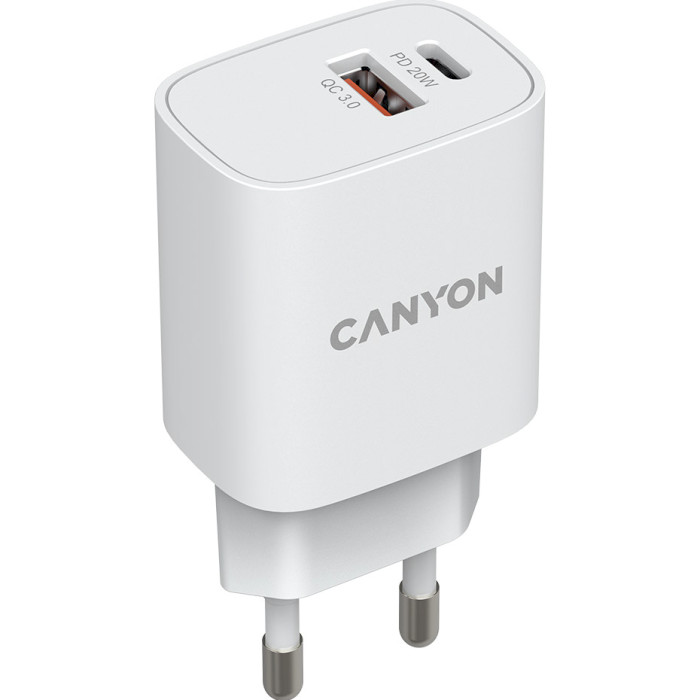 Зарядний пристрій CANYON H-20-04 1xUSB-C, 1xUSB-A, PD3.0 20W, QC3.0 18W White (CNE-CHA20W04)