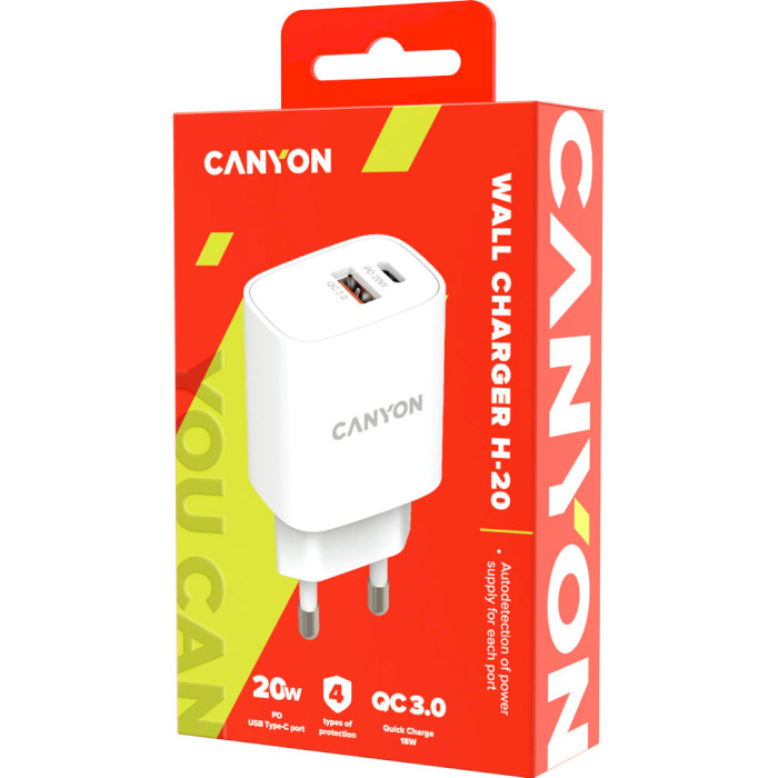 Зарядний пристрій CANYON H-20-04 1xUSB-C, 1xUSB-A, PD3.0 20W, QC3.0 18W White (CNE-CHA20W04)
