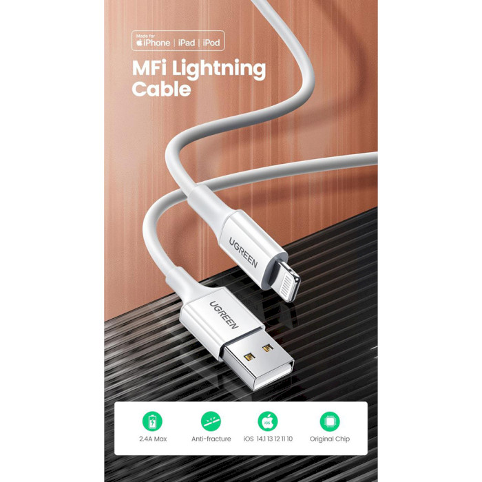 Кабель UGREEN US155 USB2.0 AM/Lightning 1м White (20728)