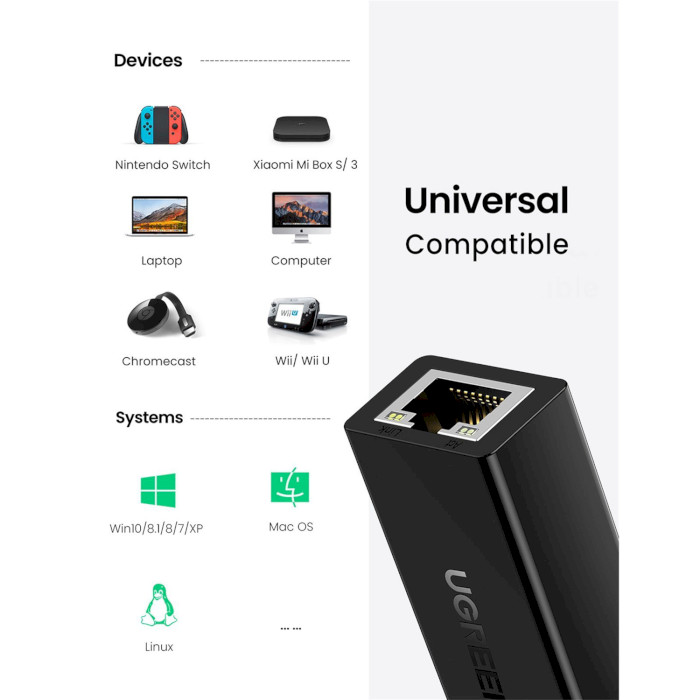 Мережевий адаптер UGREEN CR110 USB 2.0 Ethernet Adapter Black (20254)