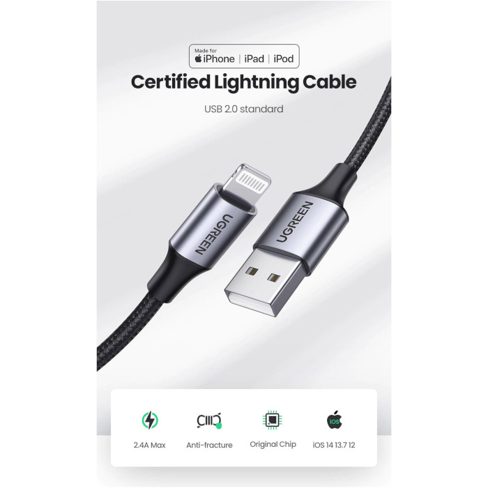 Кабель UGREEN US199 USB-A to Lightning MFi 2м Black (60158)