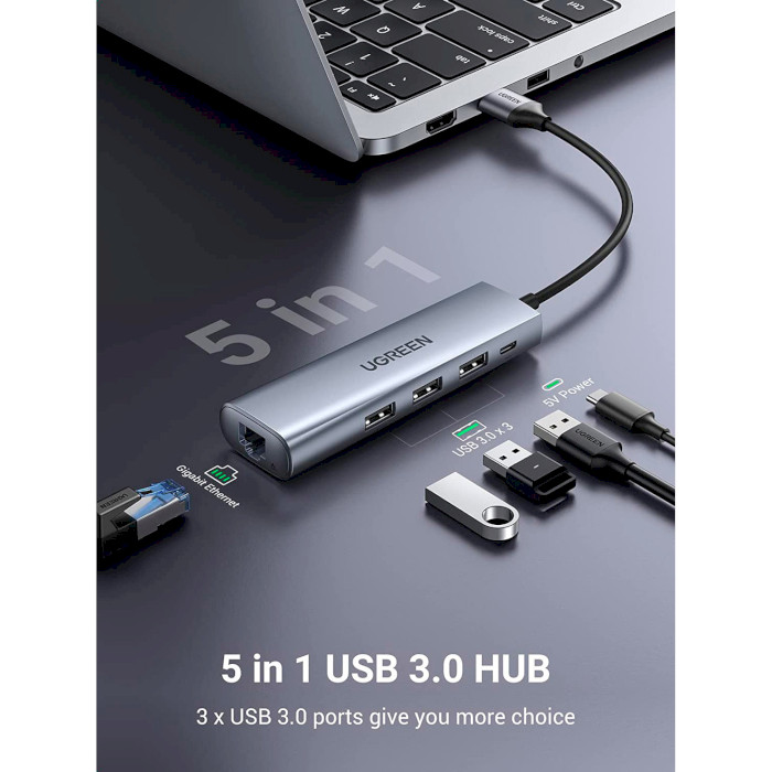 Сетевой адаптер с USB хабом UGREEN USB 3.0 Hub with Gigabit Ethernet Adapter (60812)