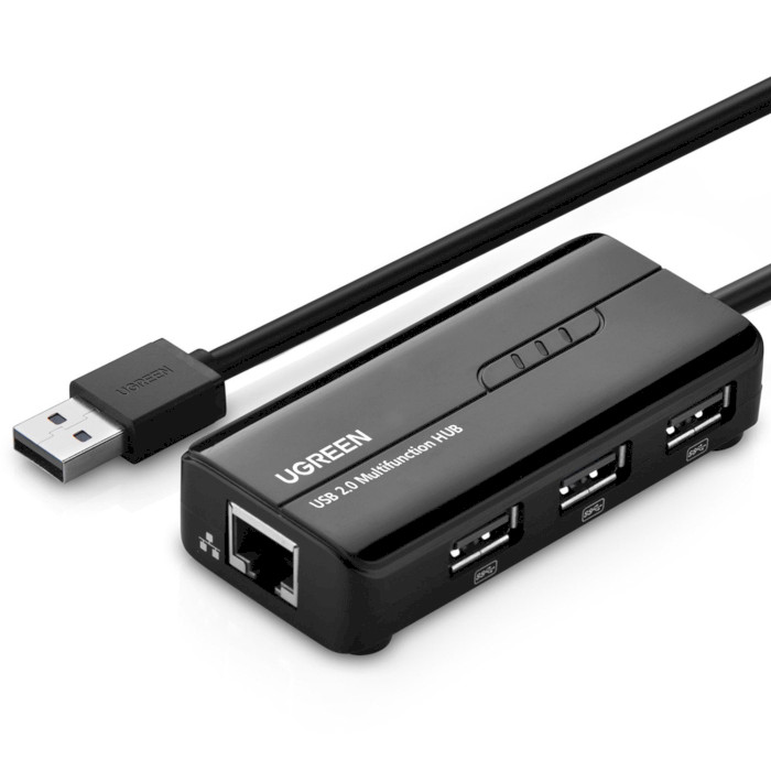 Сетевой адаптер с USB хабом UGREEN USB 2.0 Hub with Fast Ethernet Adapter Black (20264)