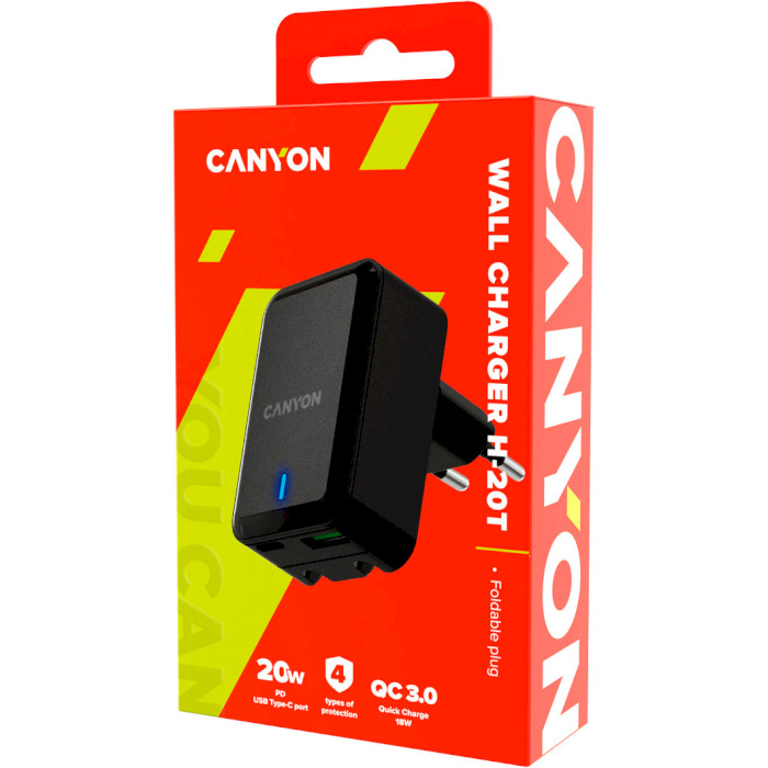 Зарядное устройство CANYON H-20T 1xUSB-C, 1xUSB-A, PD3.0 20W, QC3.0 18W Black (CNS-CHA20B)