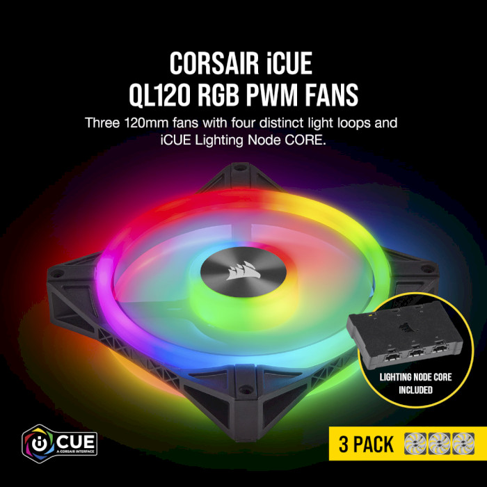 Комплект вентиляторів CORSAIR iCUE QL120 RGB w/Lighting Node Core Black 3-Pack (CO-9050098-WW)