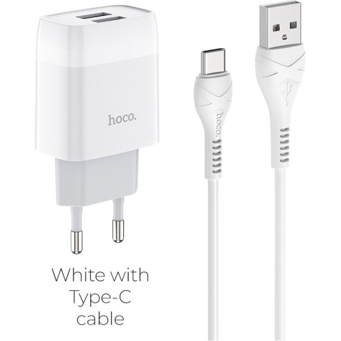 Зарядний пристрій HOCO C73A Glorious 2xUSB, 2.4A White w/Type-C cable (6931474713070)