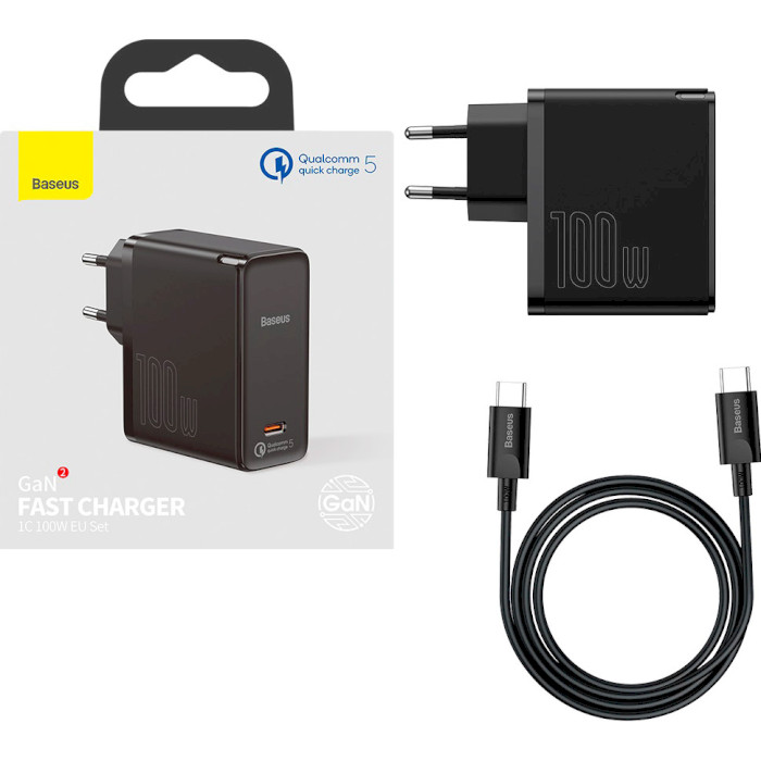 Зарядний пристрій BASEUS GaN2 Fast Charger 1C 100W EU set Black w/Type-C to Type-C cable (TZCCGAN-L01)