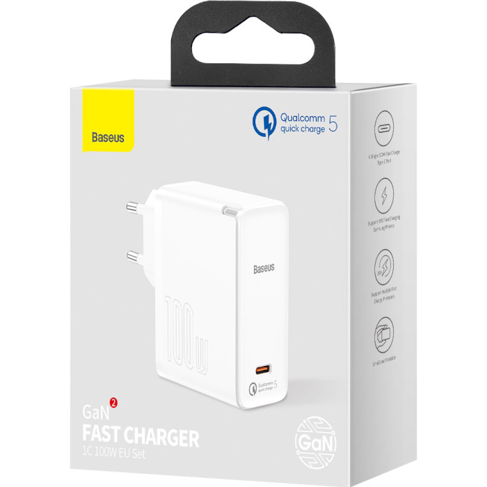 Зарядное устройство BASEUS GaN2 Fast Charger 1C 100W EU set White w/Type-C to Type-C cable (TZCCGAN-L02)