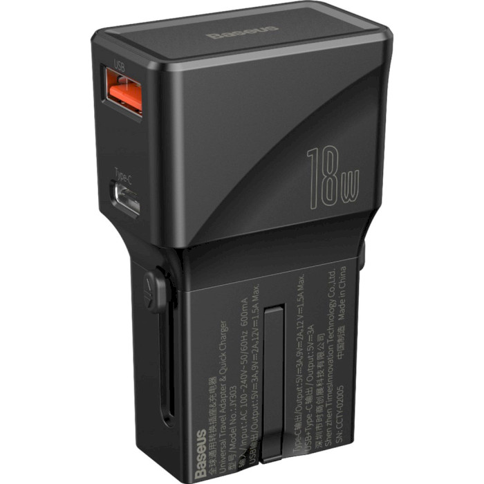 Зарядний пристрій BASEUS Universal Conversion Plug PPS Charger C+U 18W Black (CCTY-01)