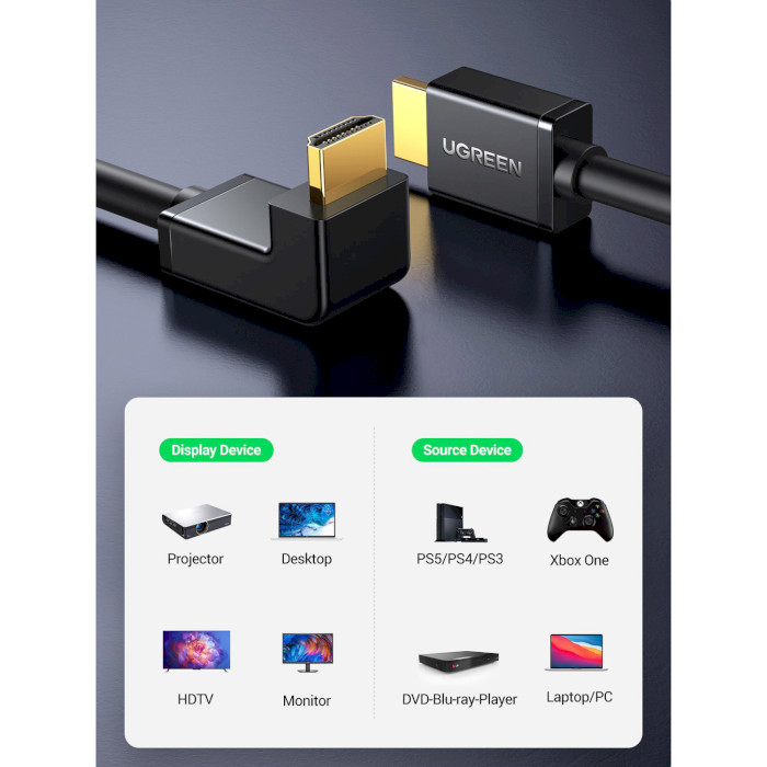 Кабель UGREEN HD103 90-Degree Angled Cable HDMI v2.0 2м Black (10173)