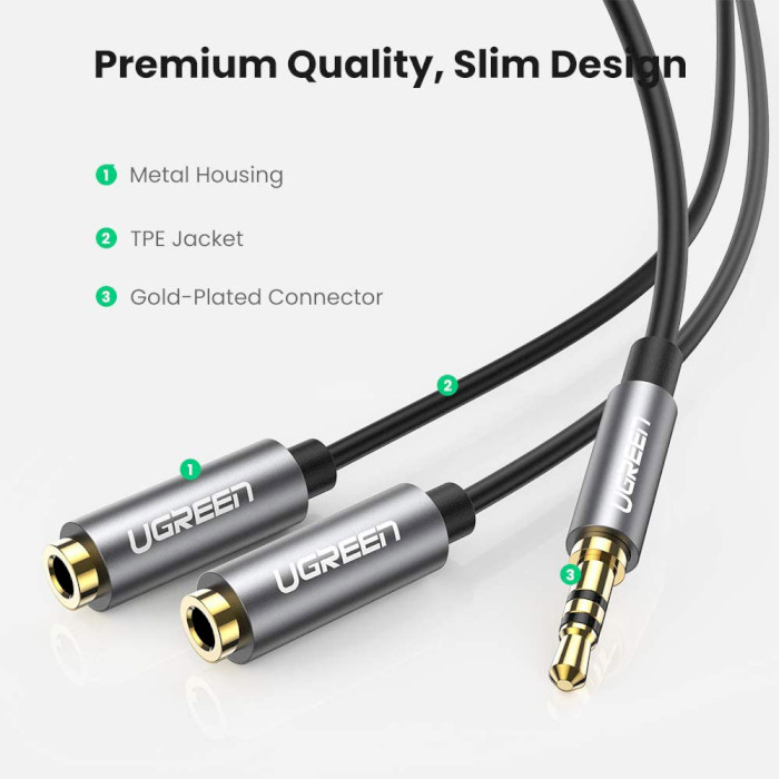 Спліттер UGREEN AV123 3.5mm Headphone Audio Splitter Cable mini-jack 3.5мм - 2 x mini-jack 3.5мм 0.2м Black (10532)