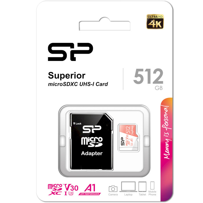 Карта пам'яті SILICON POWER microSDXC Superior 512GB UHS-I U3 V30 A1 Class 10 + SD-adapter (SP512GBSTXDV3V20SP)