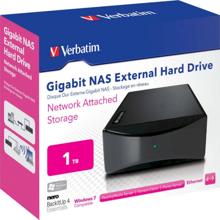 Сетевой накопитель VERBATIM NAS Gigabit Ethernet Hard Drive 1TB LAN/USB2.0 (47591)