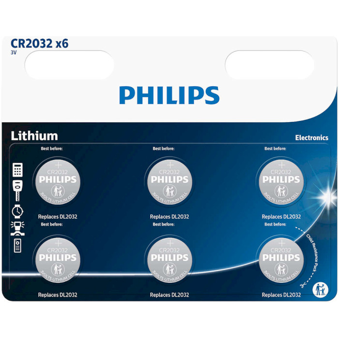 Батарейка PHILIPS Lithium CR2032 6шт/уп (CR2032P6/01B)