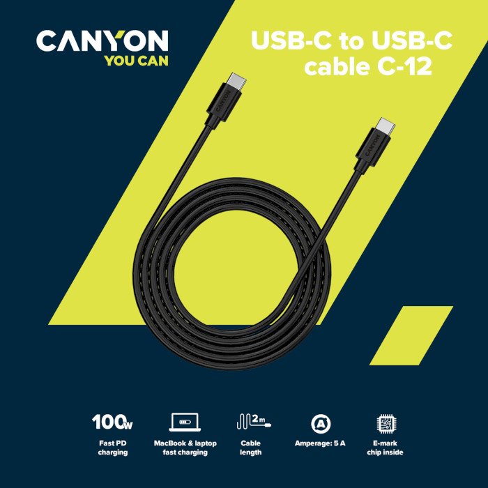 Кабель CANYON C-12 USB-C to USB-C Fast Charging & AV Data Transfer 100W 2м Black (CNS-USBC12B)