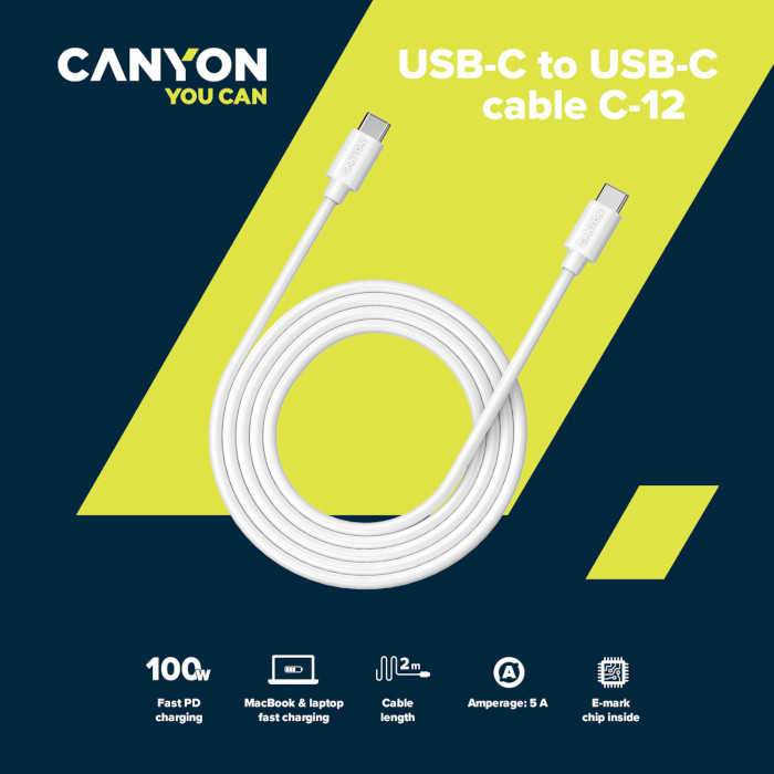 Кабель CANYON C-12 USB-C to USB-C Fast Charging & AV Data Transfer 100W 2м White (CNS-USBC12W)