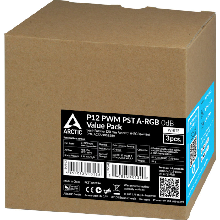 Комплект вентиляторов ARCTIC P12 PWM PST A-RGB White 3-Pack (ACFAN00258A)