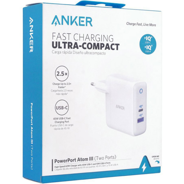 Зарядное устройство ANKER PowerPort+ Atom III 60W 1xUSB-C, 1xUSB-A, PIQ3.0 White (A2322G21)