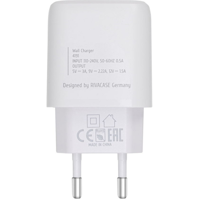 Зарядний пристрій RIVACASE Rivapower PS4191 WD4 1xUSB-C, PD3.0, QC3.0, 20W White w/Type-C to Type-C cable