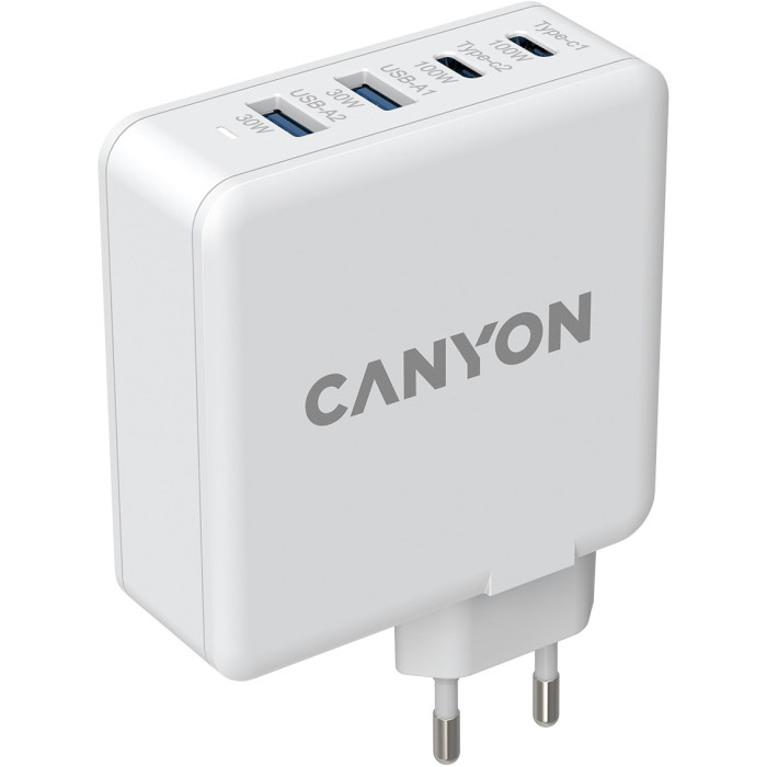 Зарядное устройство CANYON H-100 GaN 2xUSB-C, 2xUSB-A, PD3.0, QC3.0, 100W White (CND-CHA100W01)