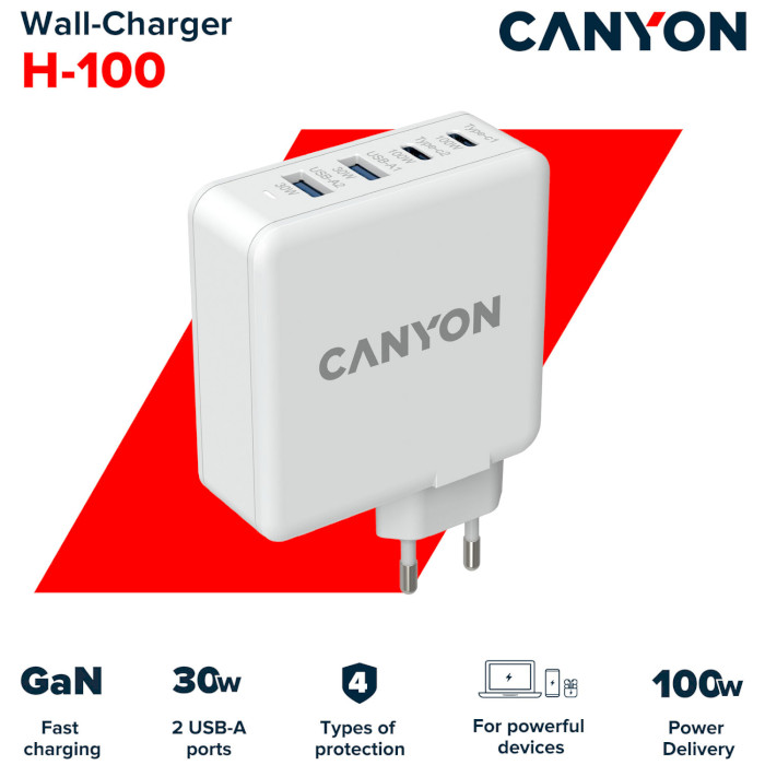 Зарядное устройство CANYON H-100 GaN 2xUSB-C, 2xUSB-A, PD3.0, QC3.0, 100W White (CND-CHA100W01)