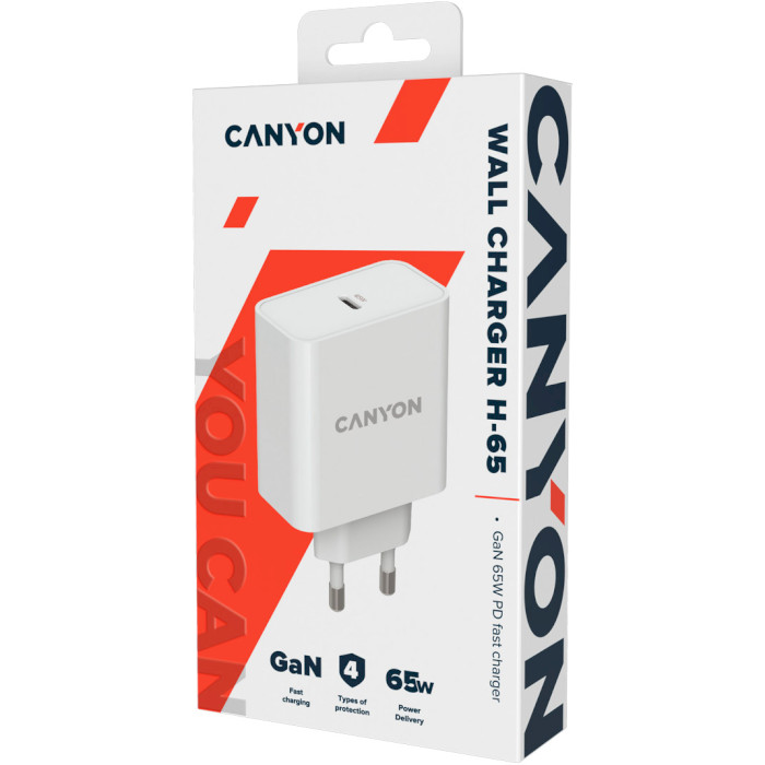 Зарядное устройство CANYON H-65 GaN 1xUSB-C 65W White (CND-CHA65W01)