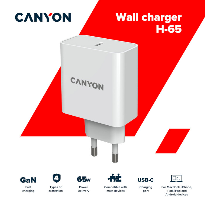 Зарядний пристрій CANYON H-65 GaN 1xUSB-C 65W White (CND-CHA65W01)