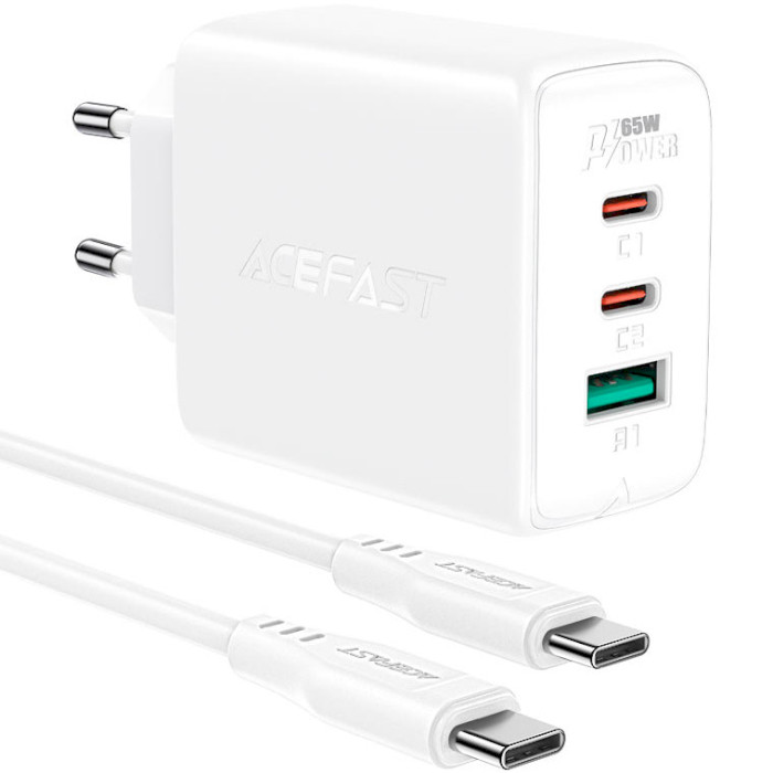 Зарядное устройство ACEFAST A13 Fast Charge Wall Charger PD65W (2xUSB-C+1xUSB-A) White w/Type-C to Type-C cable