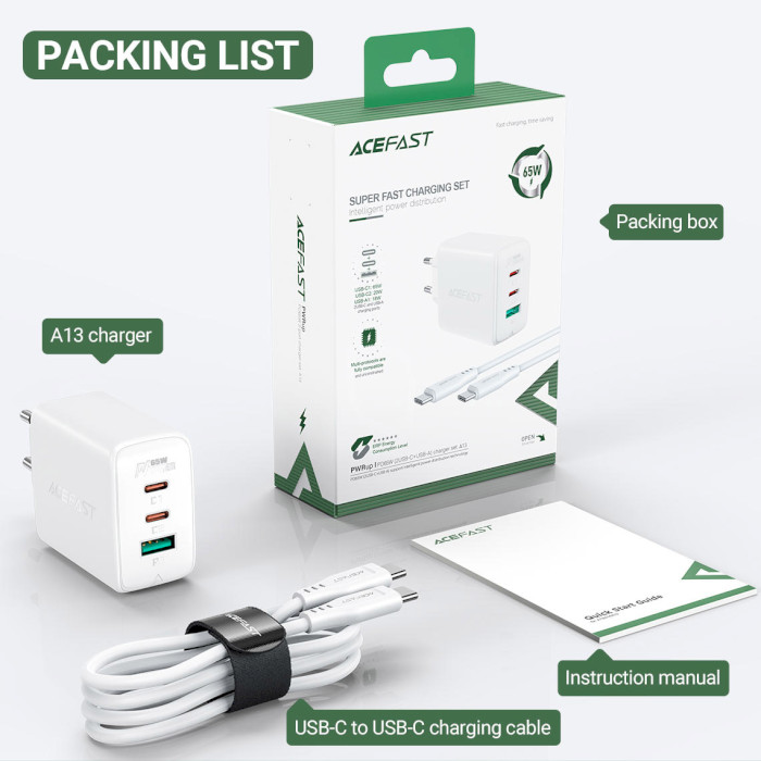 Зарядний пристрій ACEFAST A13 Fast Charge Wall Charger PD65W (2xUSB-C+1xUSB-A) White w/Type-C to Type-C cable
