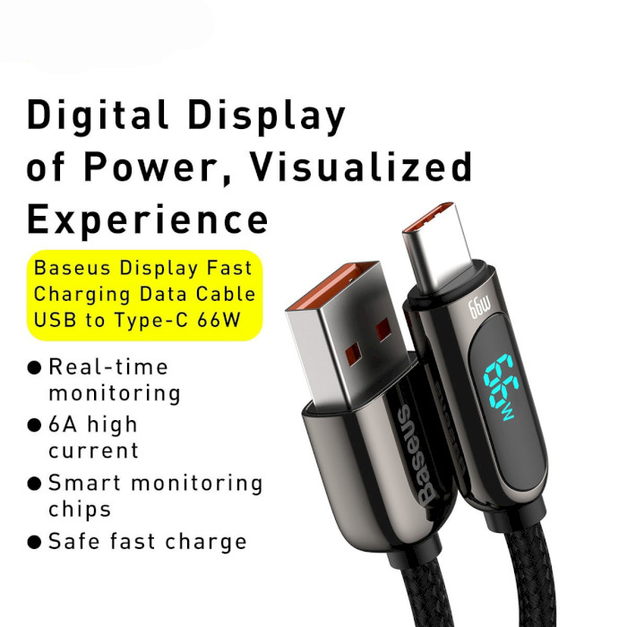 Кабель BASEUS Display Fast Charging Data Cable USB to Type-C 66W 1м Black (CASX020001)