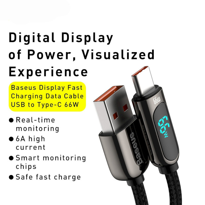 Кабель BASEUS Display Fast Charging Data Cable USB to Type-C 66W 2м Black (CASX020101)